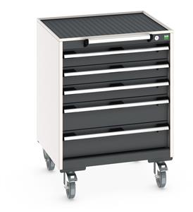 Bott Cubio 5 Drawer Mobile Cabinet with external dimensions of 650mm wide x 650mm deep  x 885mm high. Each drawer has a 50kg U.D.L. capacity with 100% extension and the unit also features drawer blocking and safety interlocks.... Bott Mobile Storage 650mm x 650mm Industrial Tool Trolleys